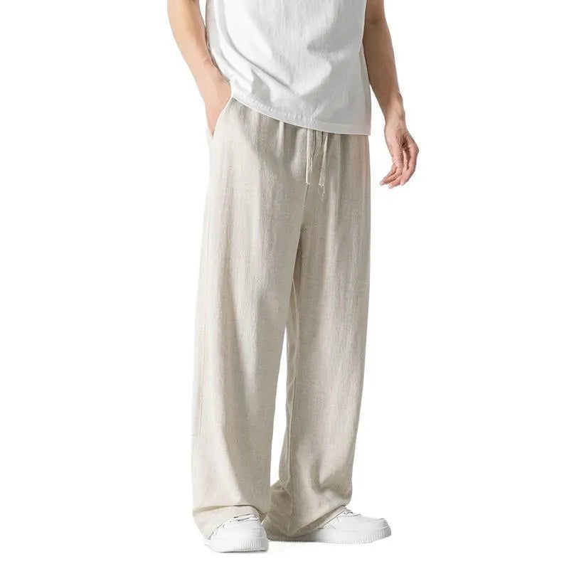 Men's straight-leg linen trousers in bamboo fabric with cropped length and drawstring waist
