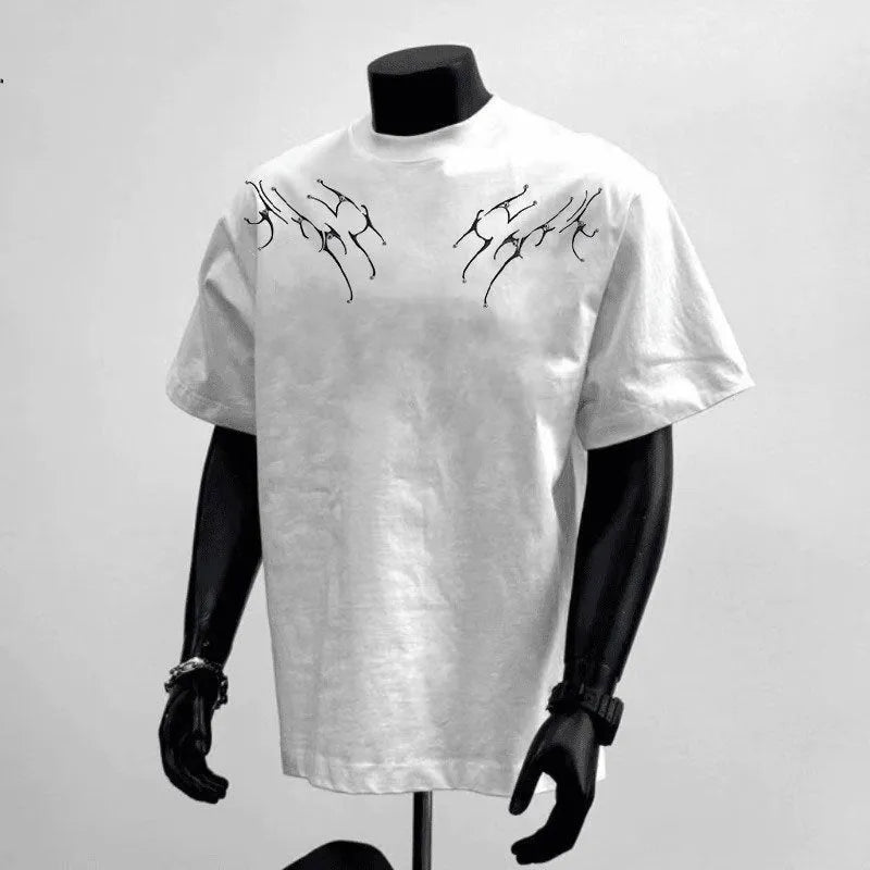 Men's black loose fit short sleeve cotton t-shirt with a print, laid flat.