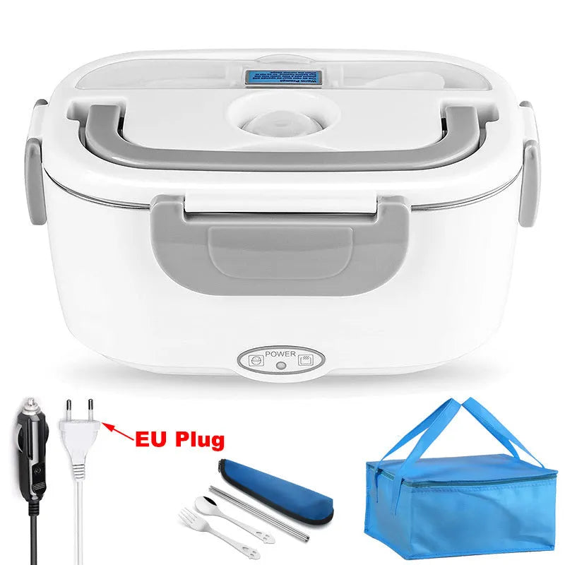 Grey electric lunch box showing dual car and home power cords with stainless steel inner tank