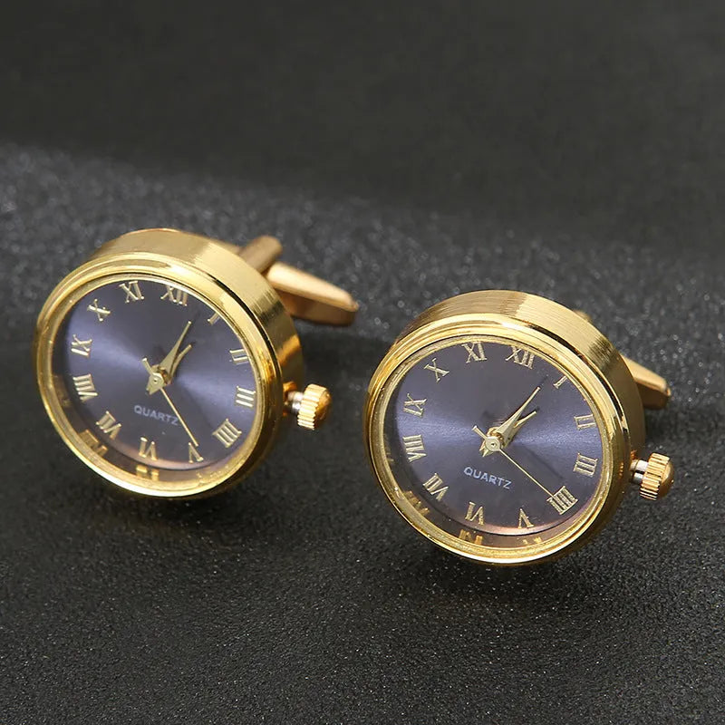 Men's light luxury clock cufflinks with rotatable golden face, 18K steel, 2.2cm diameter, on a white surface
