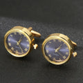 Men's light luxury clock cufflinks with rotatable golden face, 18K steel, 2.2cm diameter, on a white surface