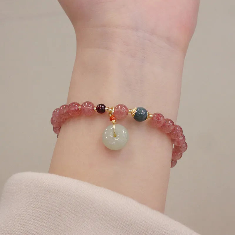 Natural strawberry quartz geometric bracelet with peace buckle and lucky Bagg elements for women