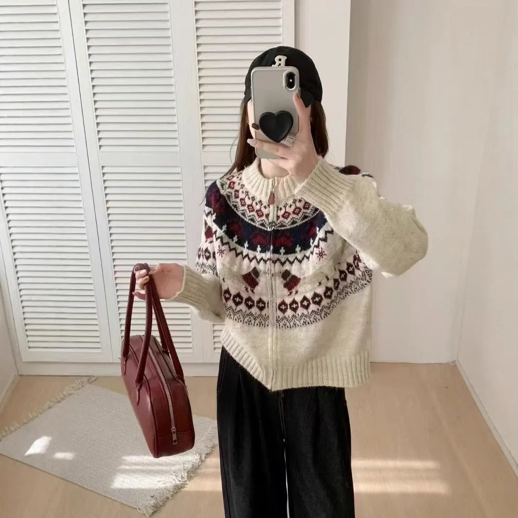 Ethnic style jacquard pullover sweater with 3D pattern in apricot colour showing round neck and long sleeves