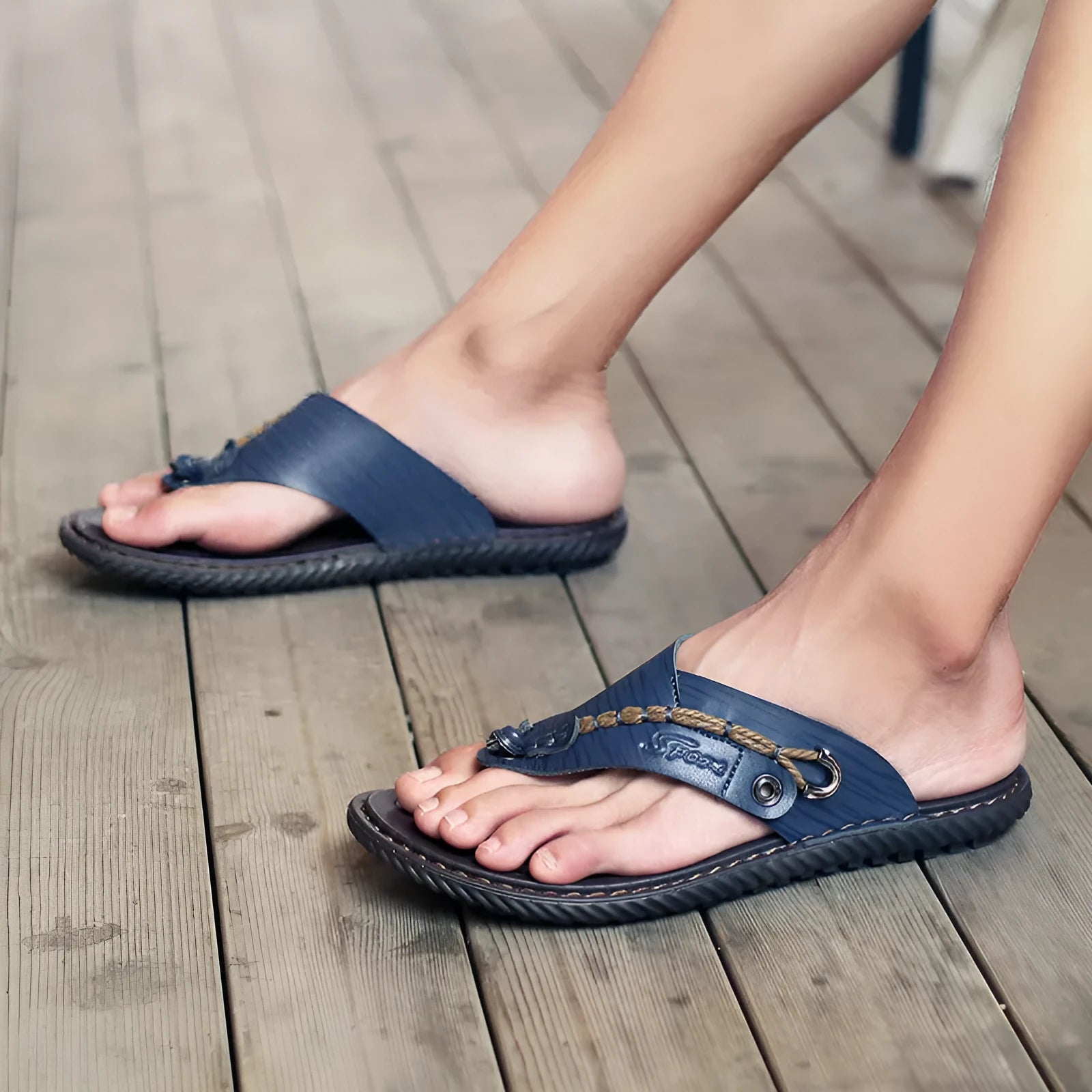 Men's black non-slip lightweight PU leather casual slippers shown from the side.