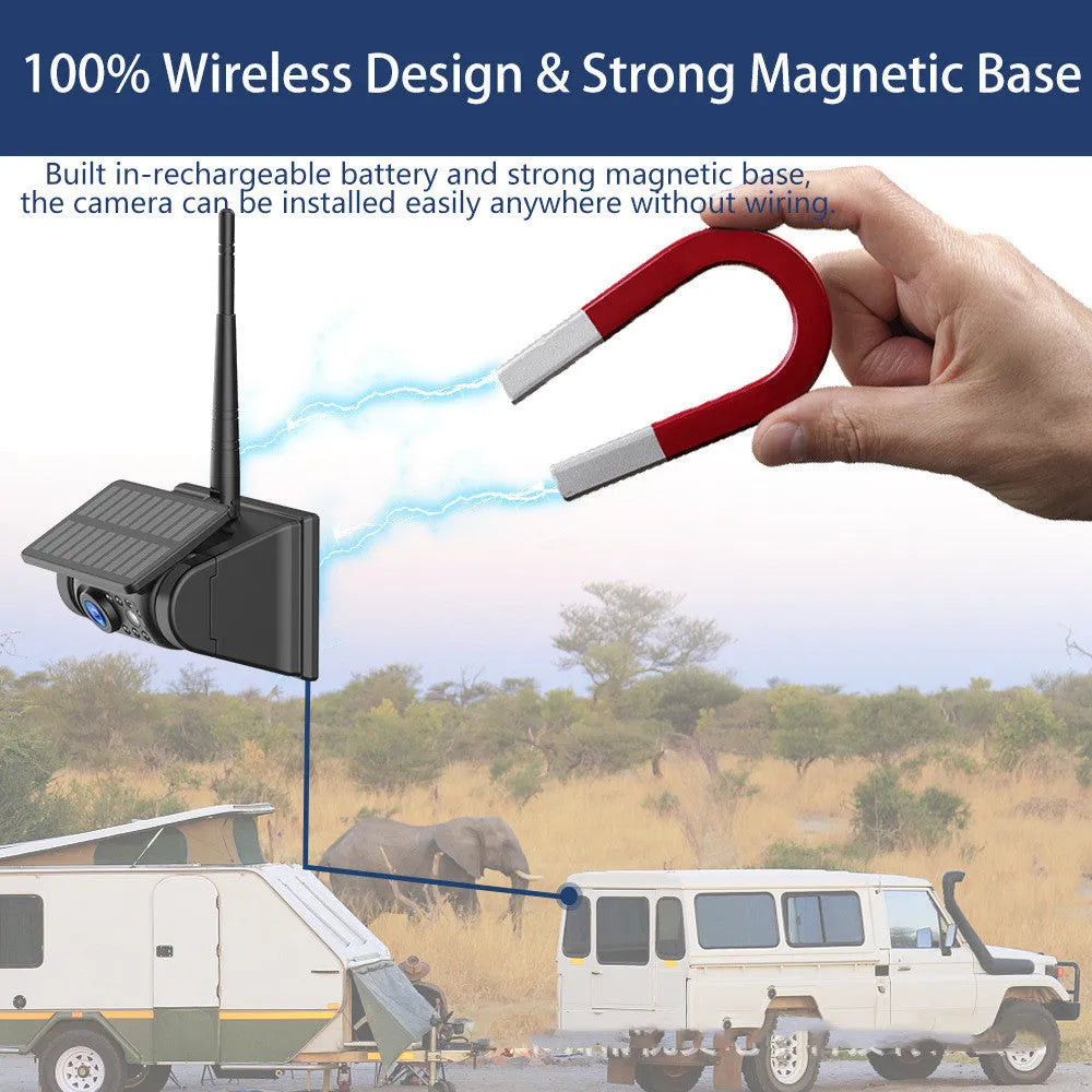 Black solar-powered wireless vehicle camera with aluminium alloy shell and a magnet base for mounting.