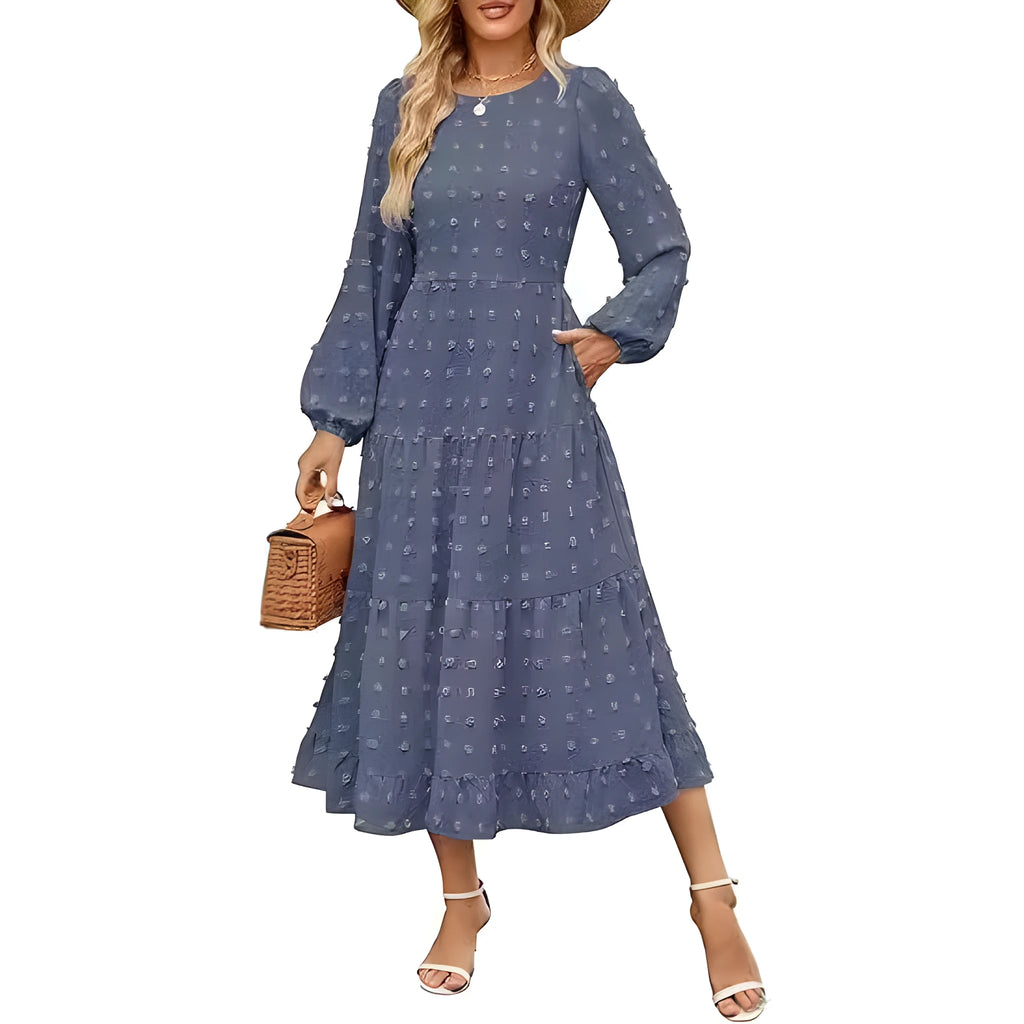Beige women's long sleeve casual dress with round neck, ruffled sleeves, and a high waist.