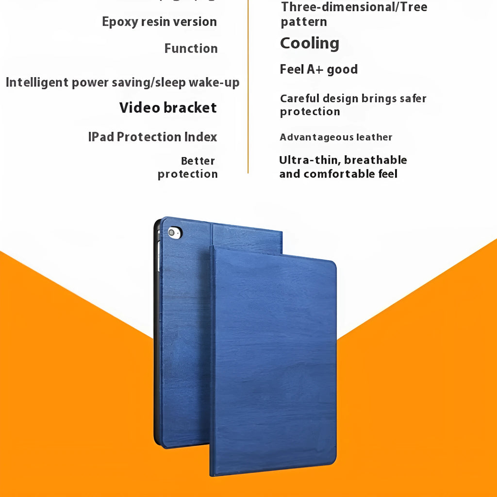 Imitation leather protective cover with sleep bracket for Apple iPad models in black and sapphire blue.