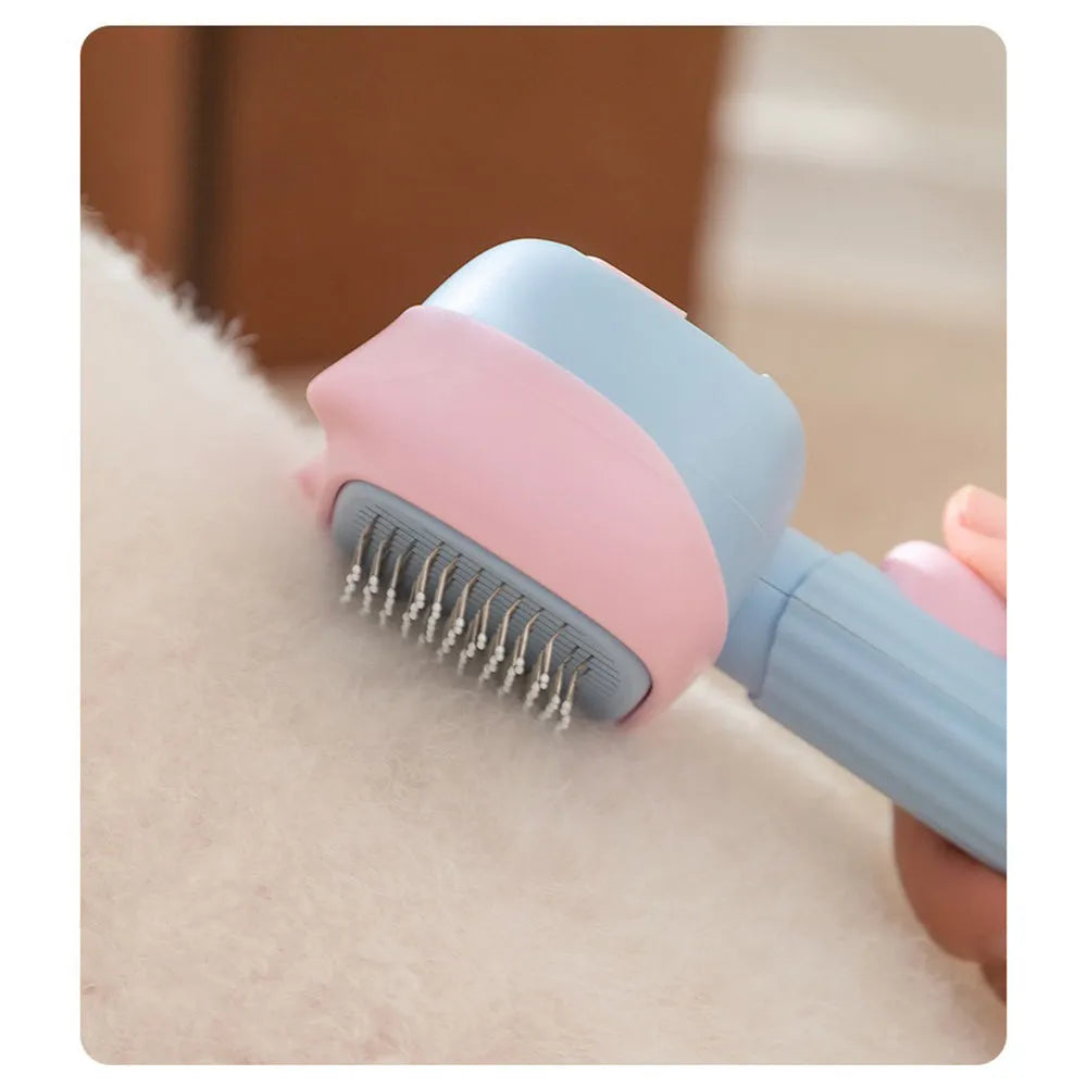 Red double-sided pet grooming brush with de-shedding rake and de-matting comb on a white background