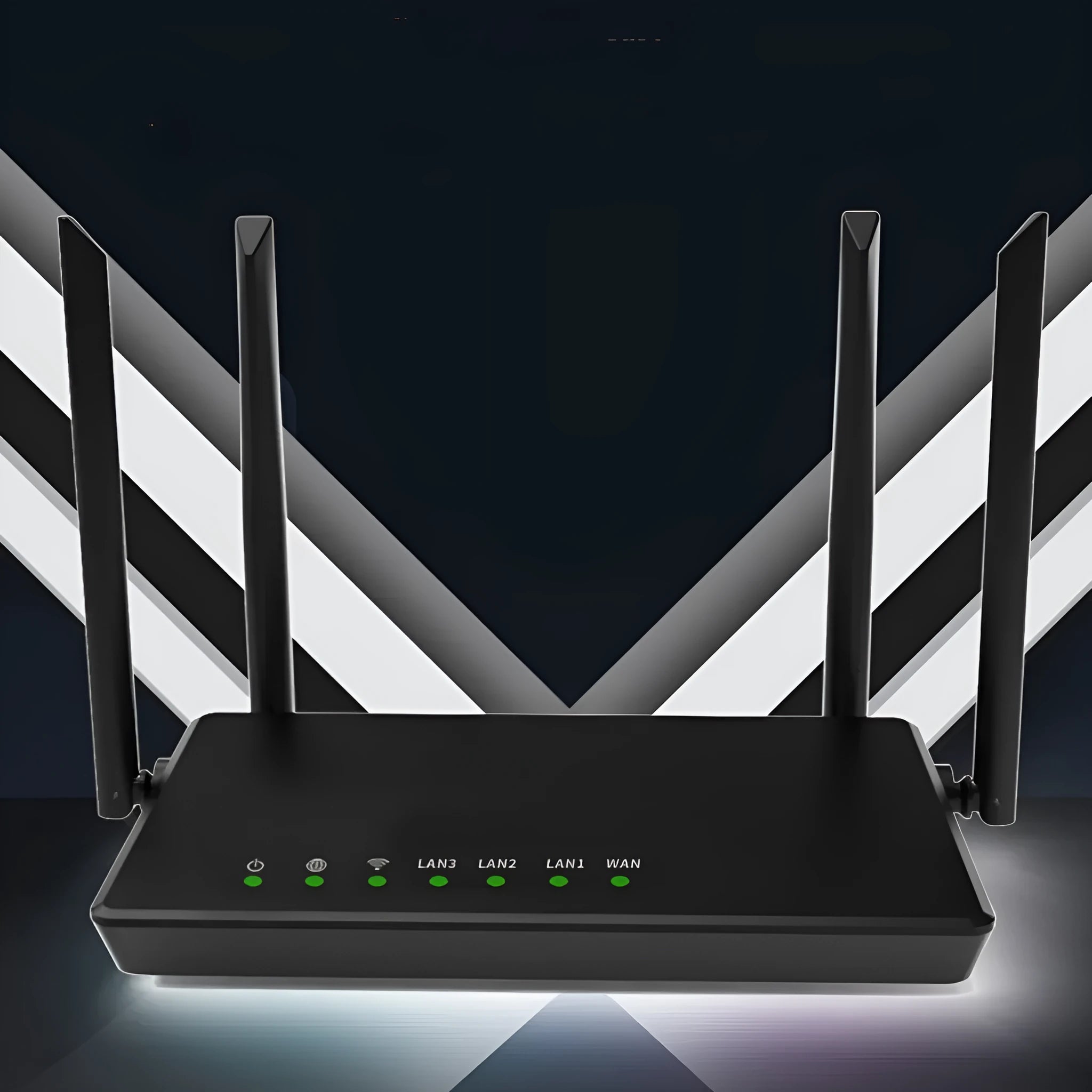 Portable 300m home wifi high-speed router in black with 4 LAN ports and compact bare metal design