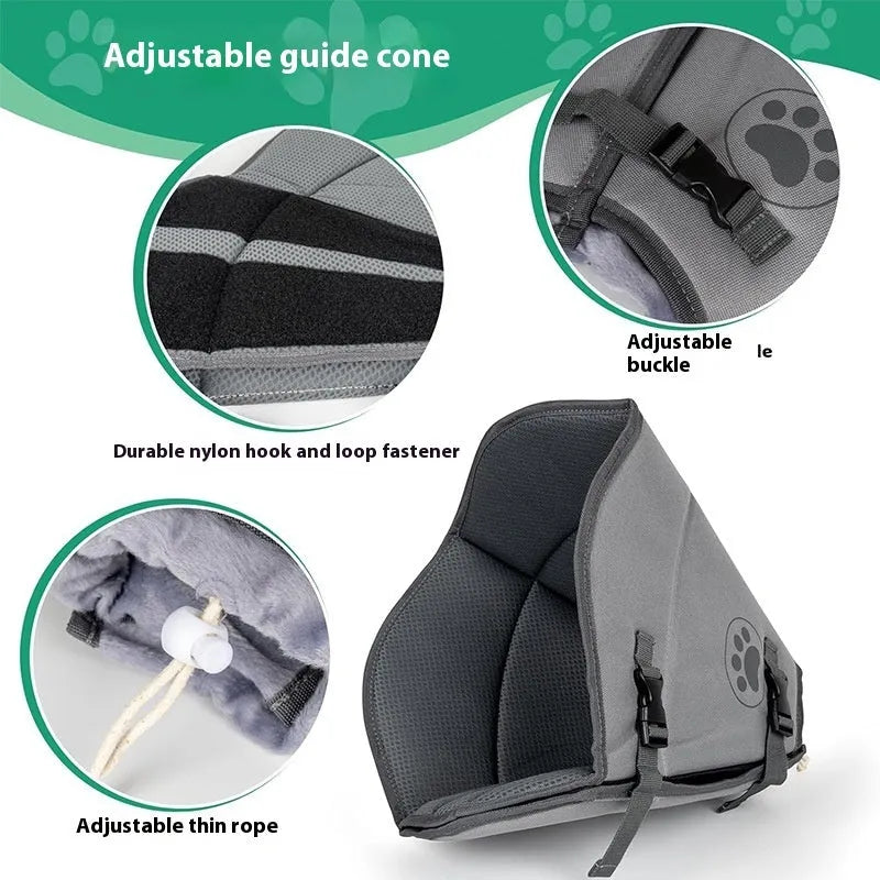 Adjustable polyester pet sterilisation collar in sizes L, M, XL shown in double-layer and single-layer styles.
