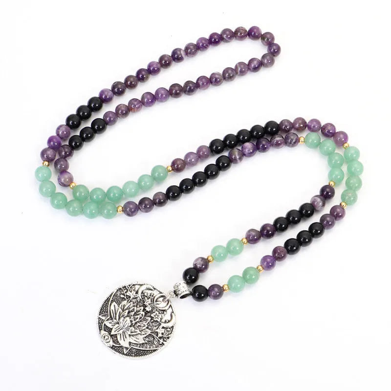 Dongling Long yoga lotus pendant necklace with stone bead chain and matching bracelet