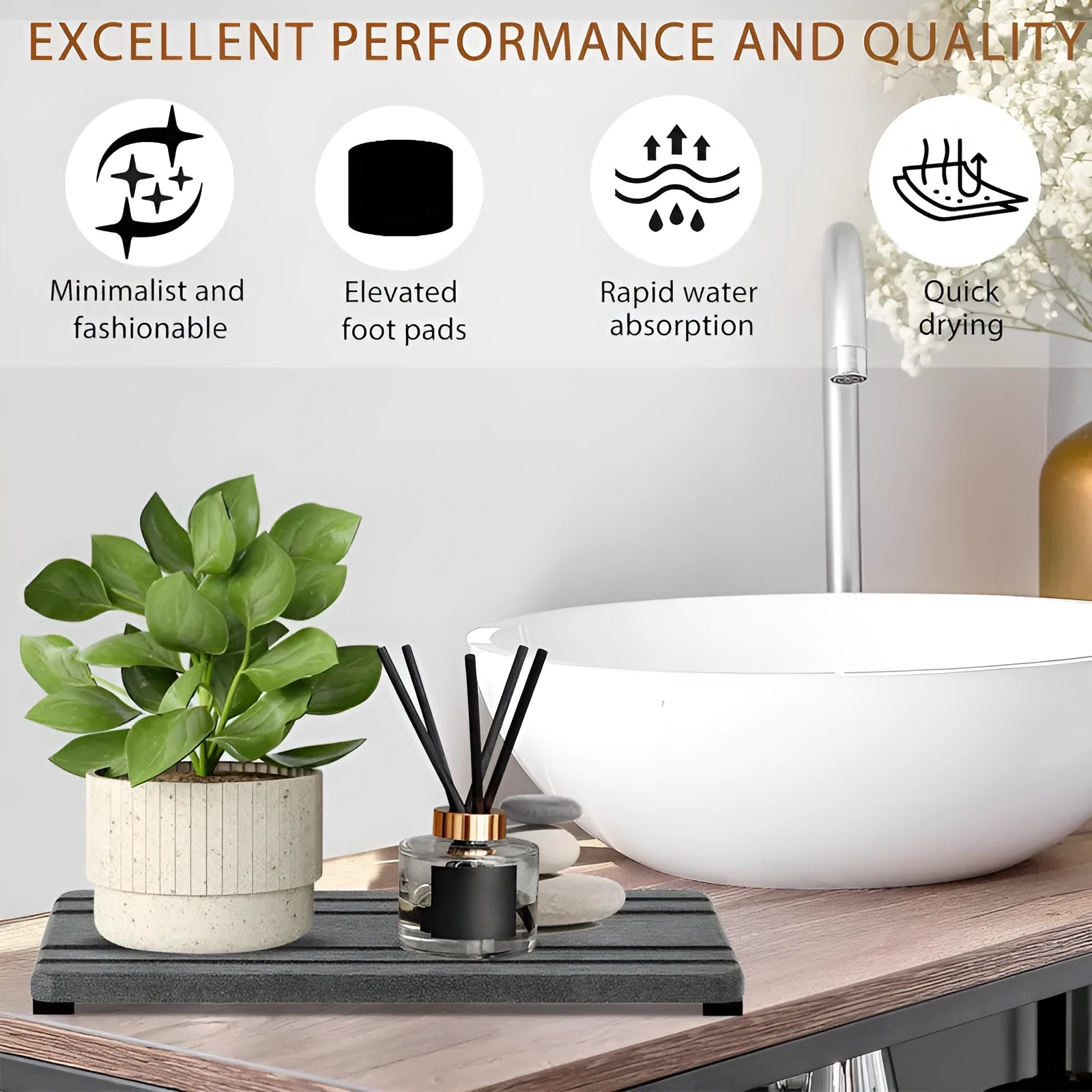 Set of three square diatom oil water draining pads in dark gray, light gray, and white on a bathroom countertop