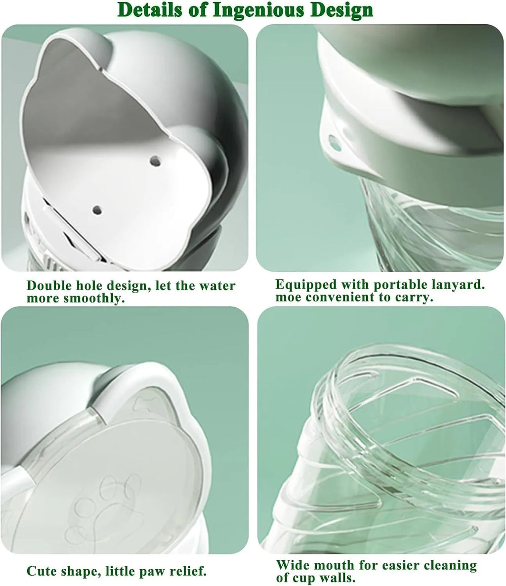 Green, pink, or white 3-in-1 portable pet water bottle with food container and waste bag dispenser.