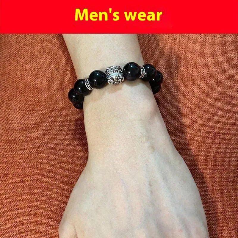 Silver 999 natural obsidian bracelet with Seiko treatment, 10mm and 12mm beads, unisex simple style
