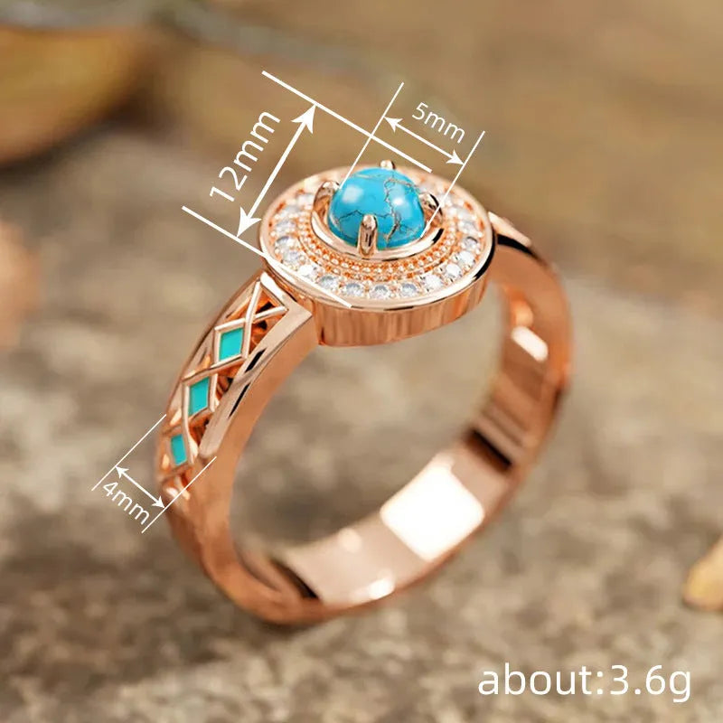 Women's geometric turquoise ring with rose gold plating and micro inlaid zircon stones