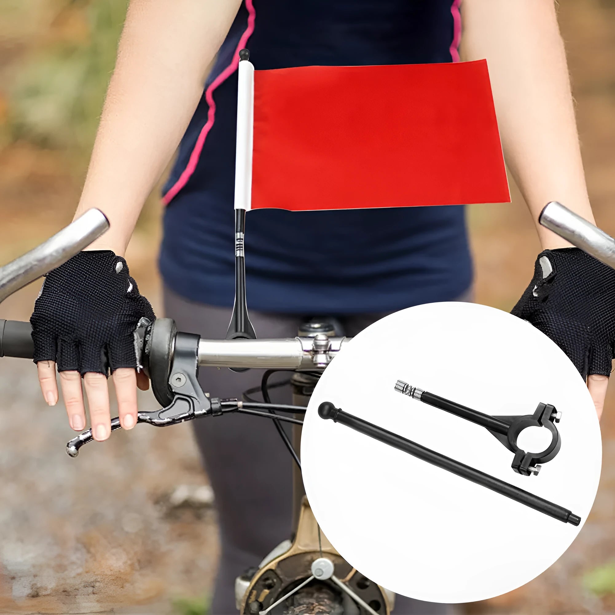 Square polyester cycling flag on a plastic handlebar pole for promotional use.