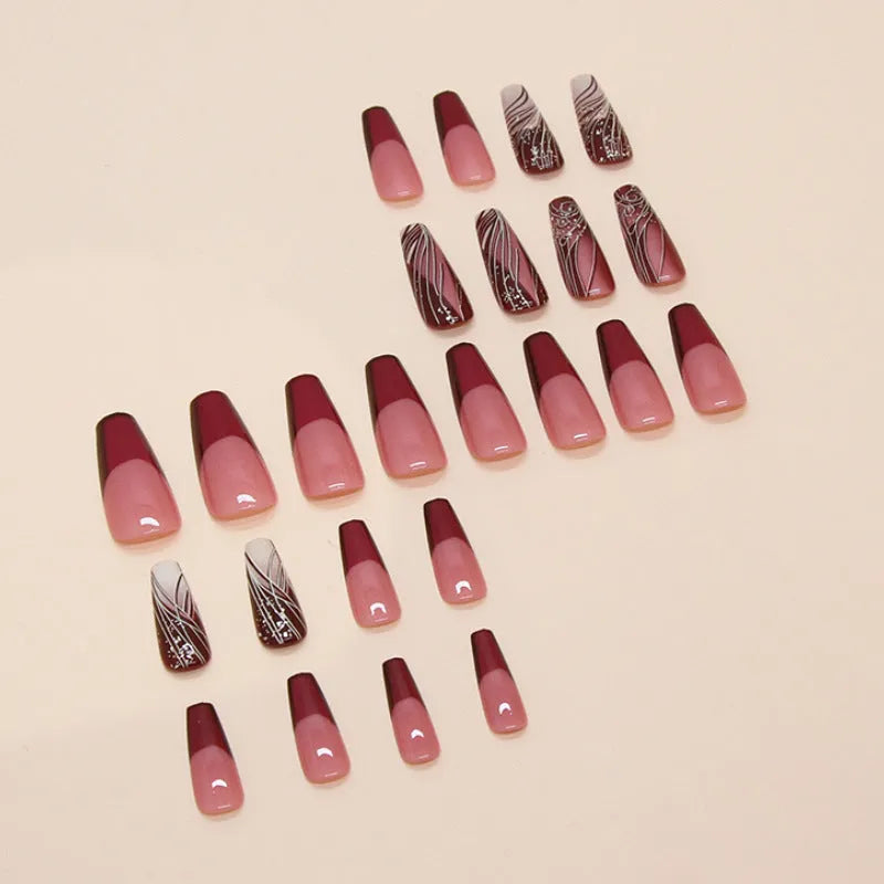 Line pattern fake nails in French line style with removable sticker patch, 24 pieces and glue included