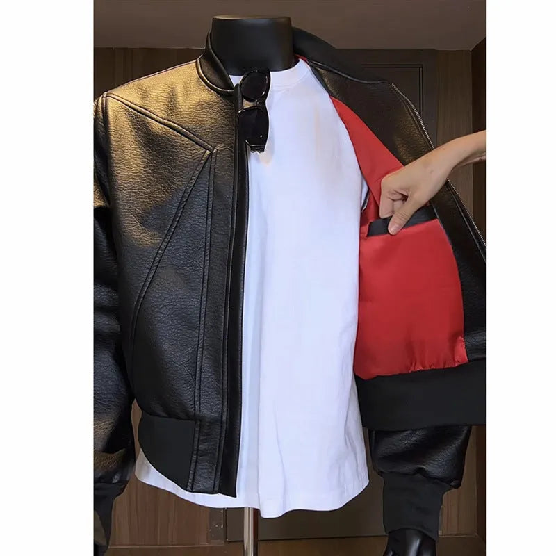 Men's black PU leather jacket with extended length and tight business fit