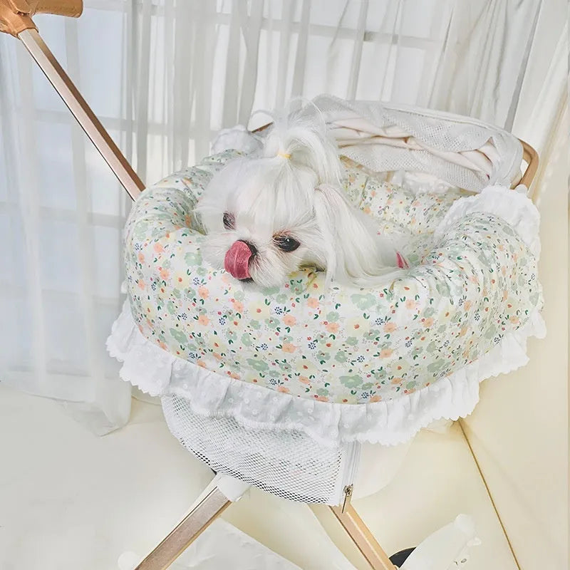 Pure cotton pet stroller set showing removable towel, cushion, and pillow in a floral pattern.