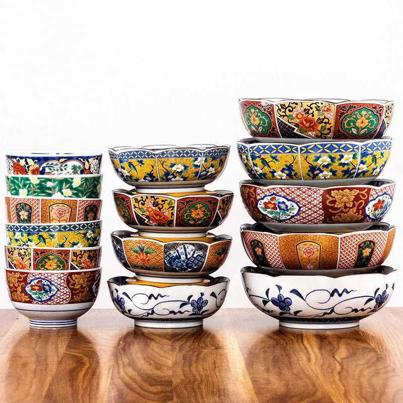 Japanese style retro peony ceramic bowls with golden colour and 4-inch diameter