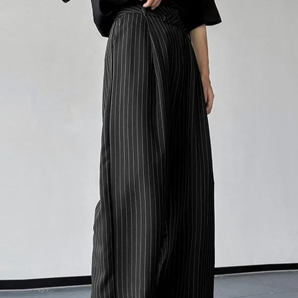 Black men's trousers with vertical stripes and pleated design detail