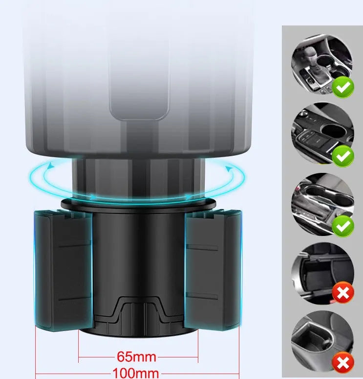 Matte black ABS car cup holder expander with adjustable base for large bottles and cups