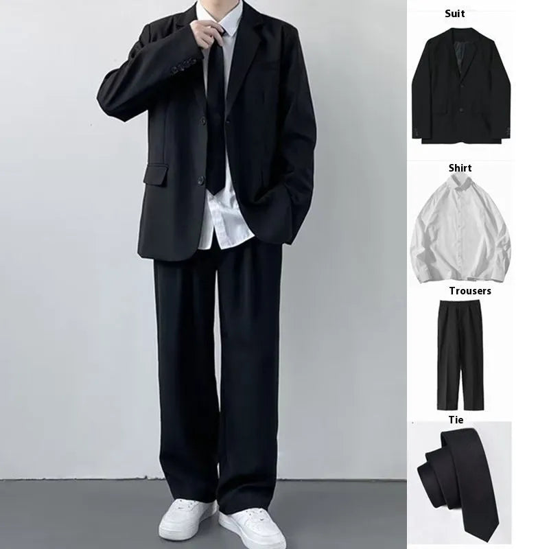 Plus size men's two-piece suit set with white dress shirt and tie on hanger