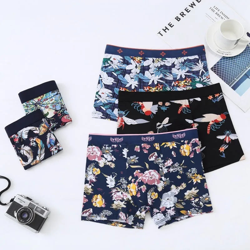 Men's floral print cotton boxer briefs with a U-shape design, shown in extended sizes.