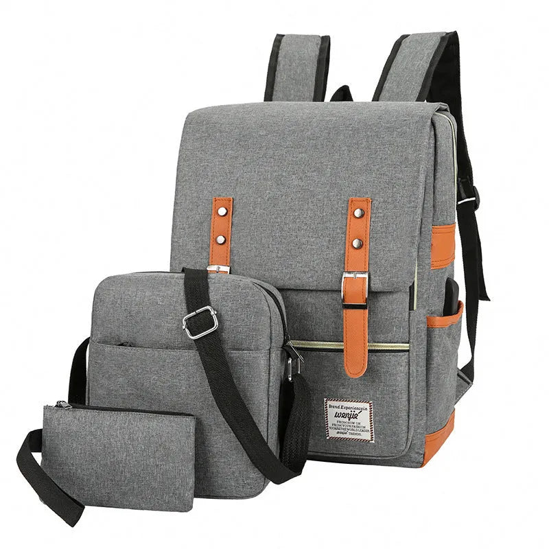 Three-piece business backpack set in Oxford cloth with computer compartment and curved shoulder straps