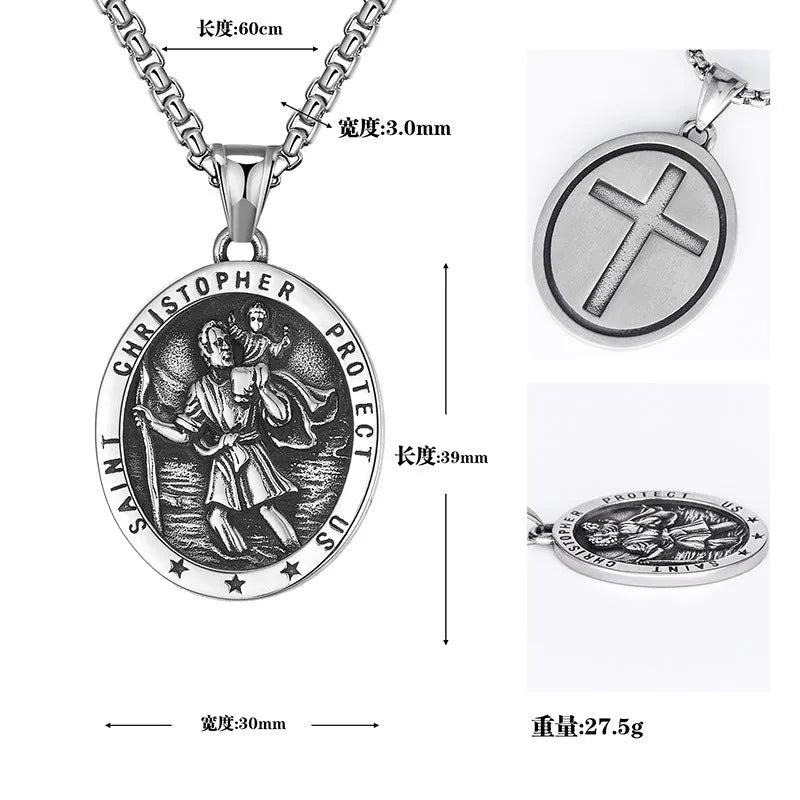 St Christopher titanium steel pendant necklace with 60cm chain, steel colour, geometric Angel motif