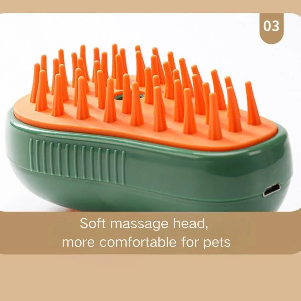 Green and white rechargeable cat steam brush with silicone bristles and water spray nozzle.