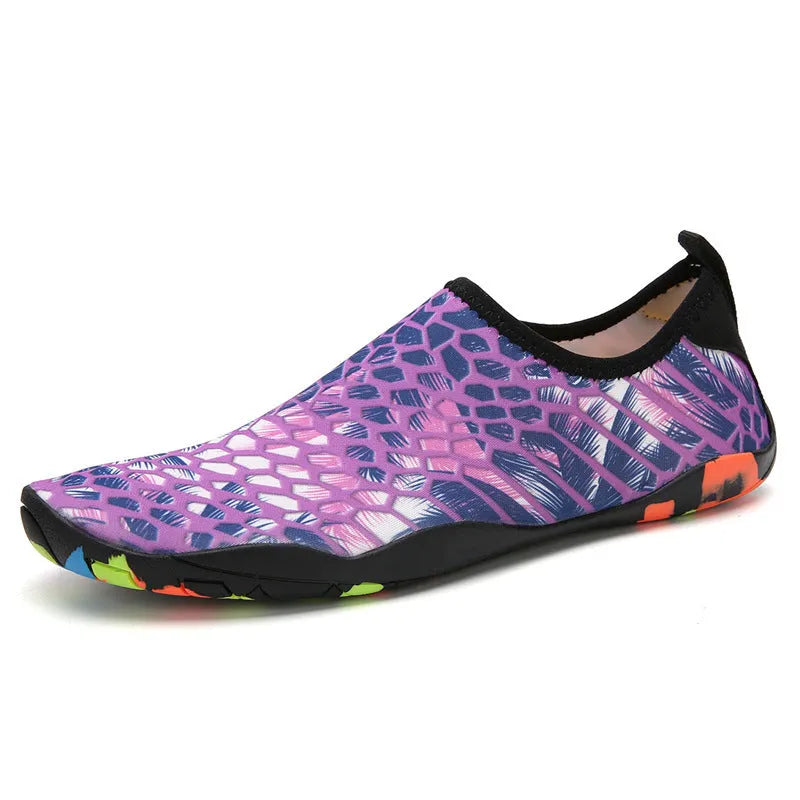 Beach wading shoes with elastic Lycra uppers and EVA foam soles for swimming and water sports
