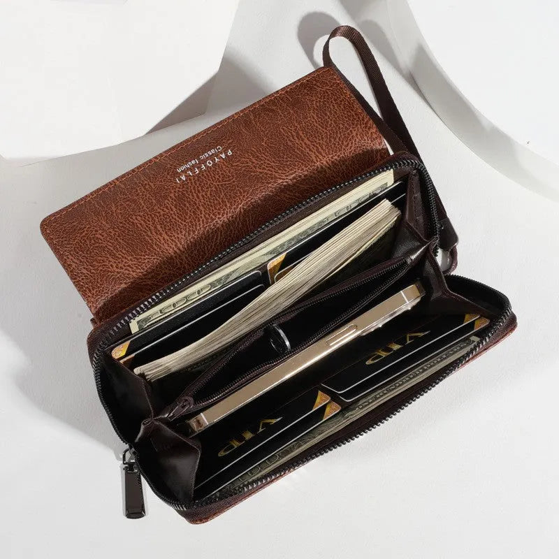 Men's black PU leather long wallet with multiple card slots showing its slim profile.