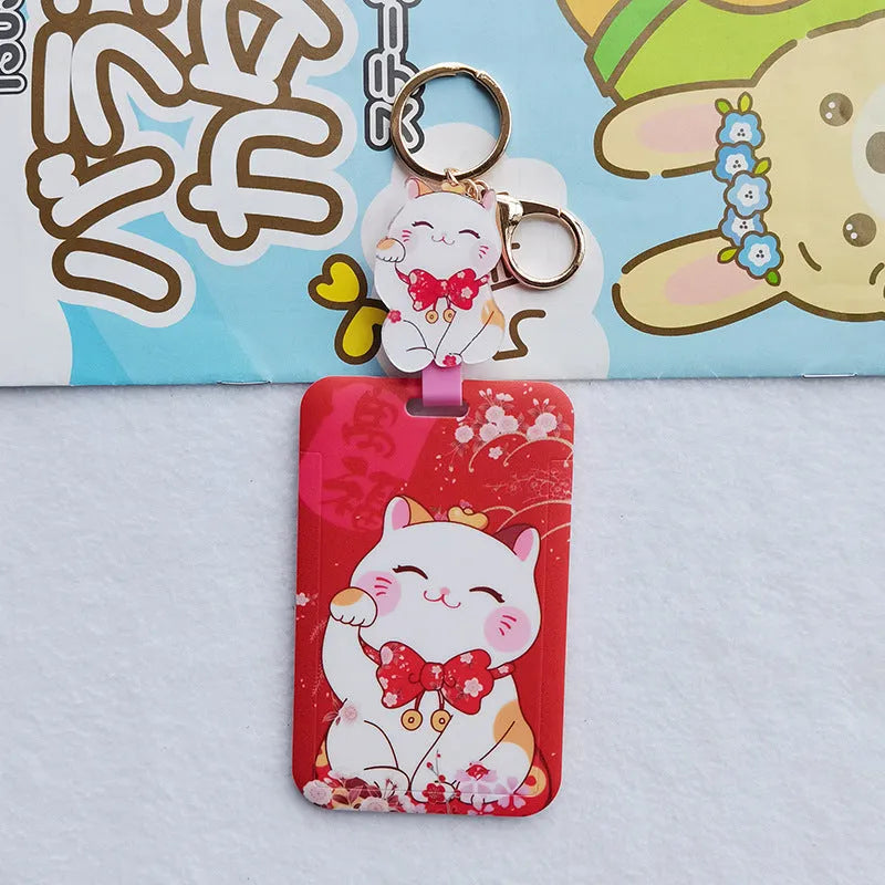 Lucky cat blessing certificate set with plastic card sleeve and ferrule pendant in cartoon style