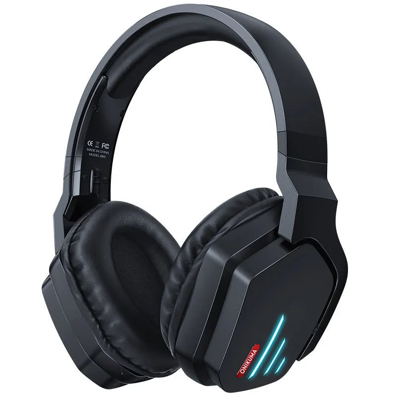 Luminous black head-mounted noise reduction wireless gaming headphones with stereo bass and 15-metre range