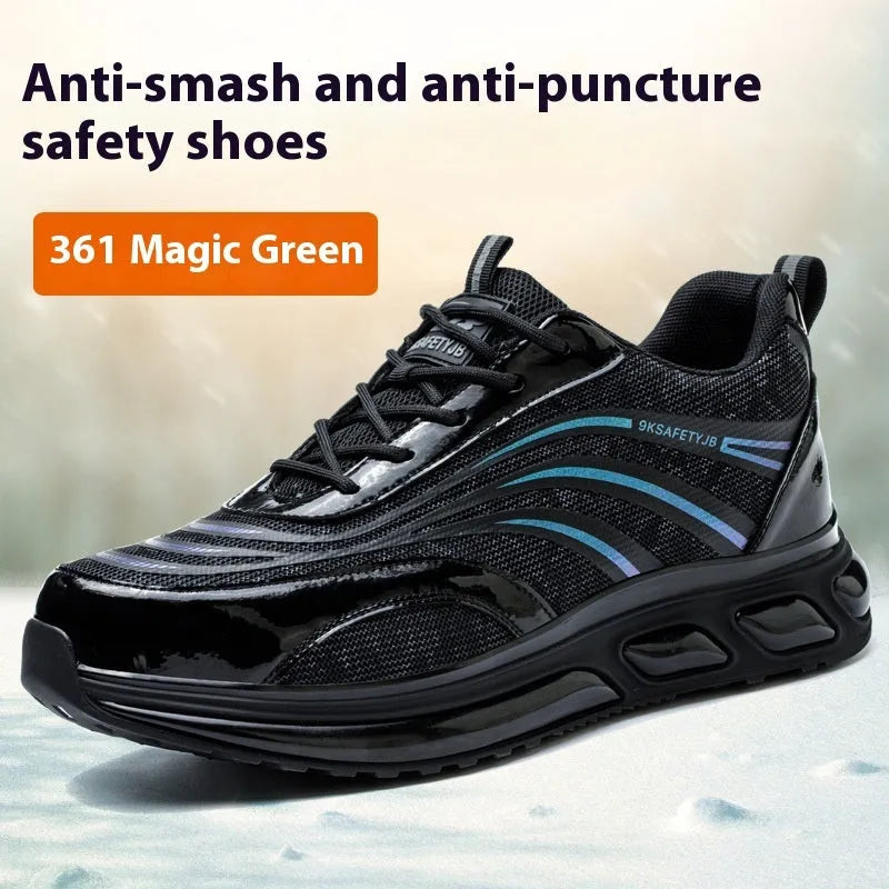 Men's orange lightweight leather safety work shoes with rubber sole on a industrial background.