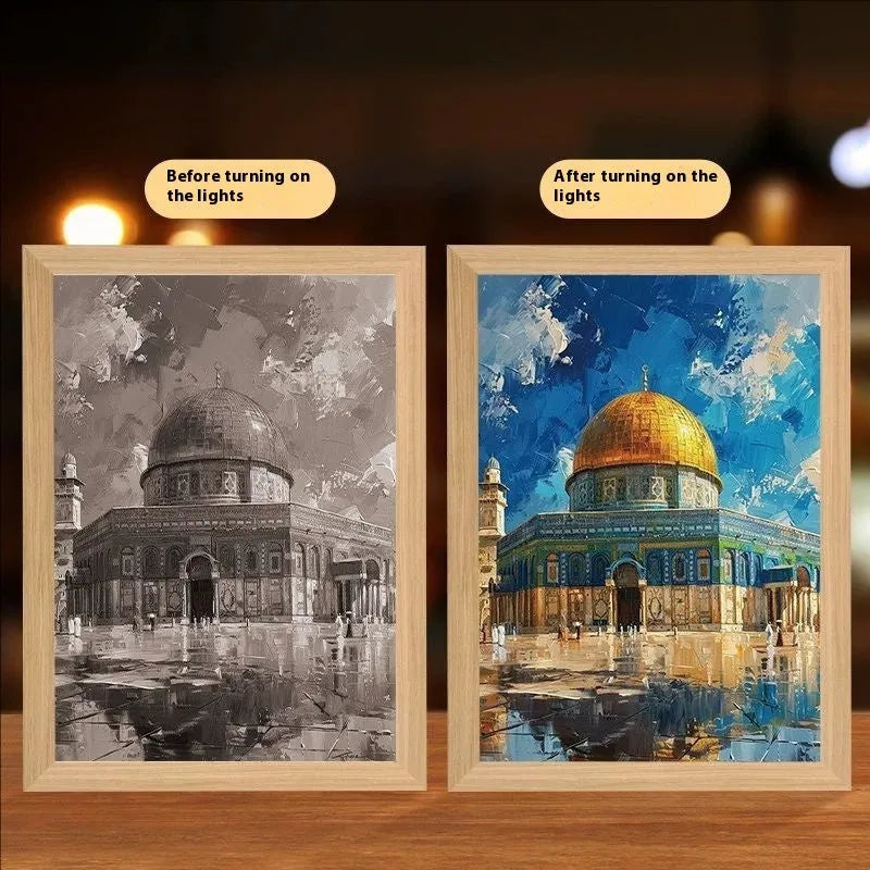 Modern rectangle LED photo frame displaying cross-themed art with interchangeable spiritual prints