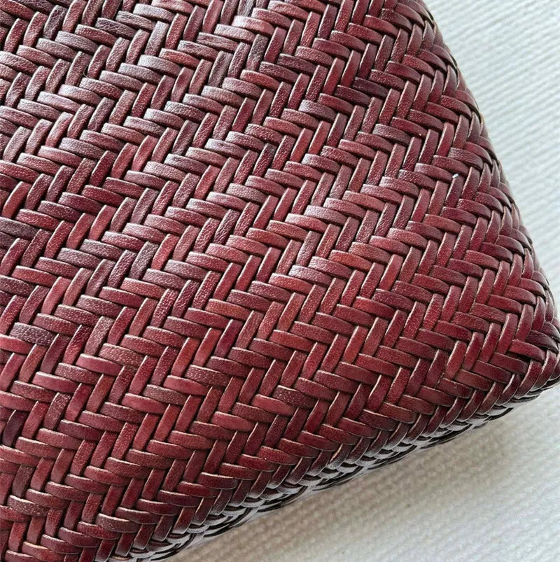 Handmade woven cowhide leather tote bag with three-dimensional pocket in brown colour