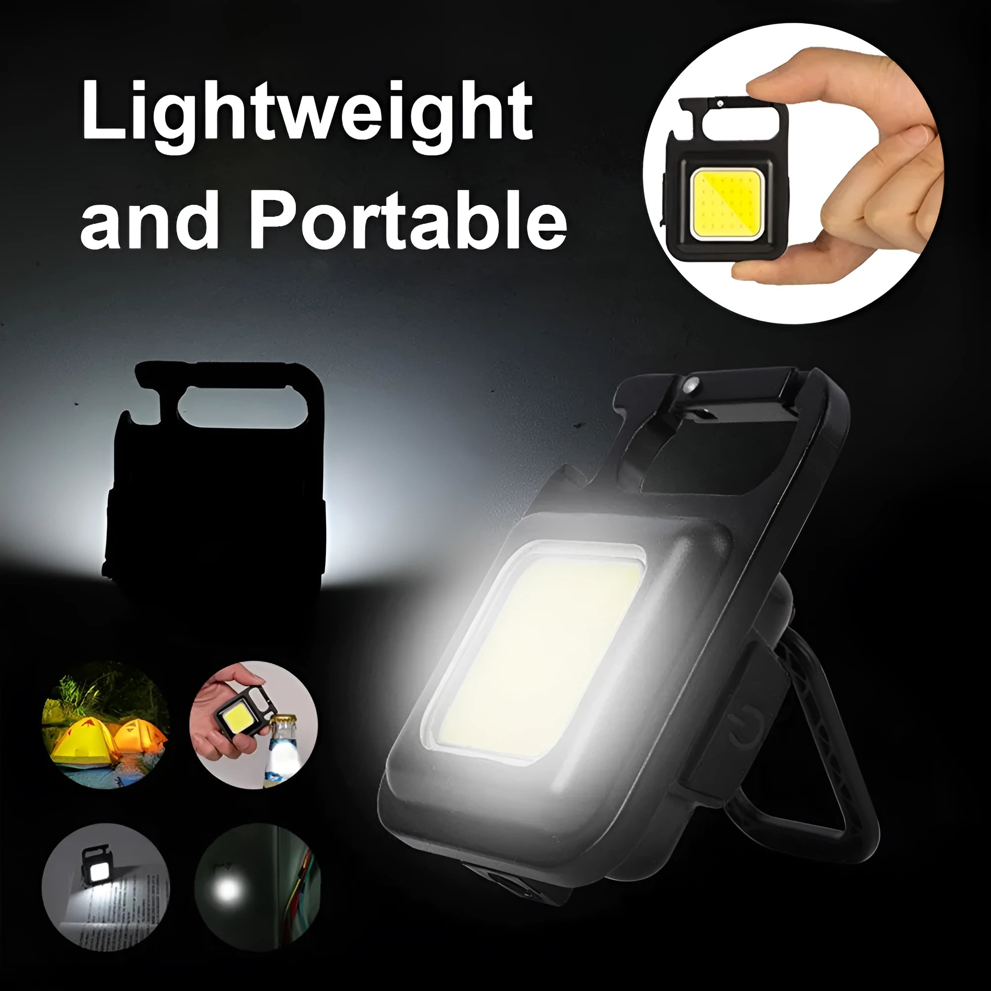 Black aluminium alloy keychain light with COB LED, magnetic base, and foldable handle on keyring