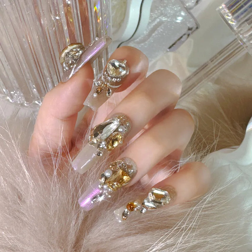 Luxury rhinestone false nail patches with phototherapy sealing in S size flash design