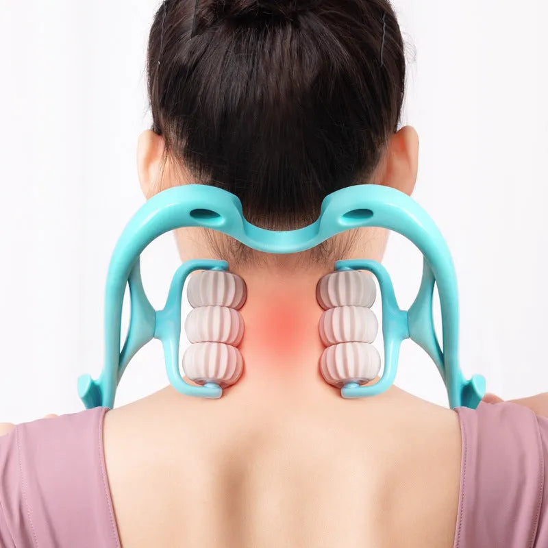 Blue plastic handheld six-wheel massager for neck shoulders and waist