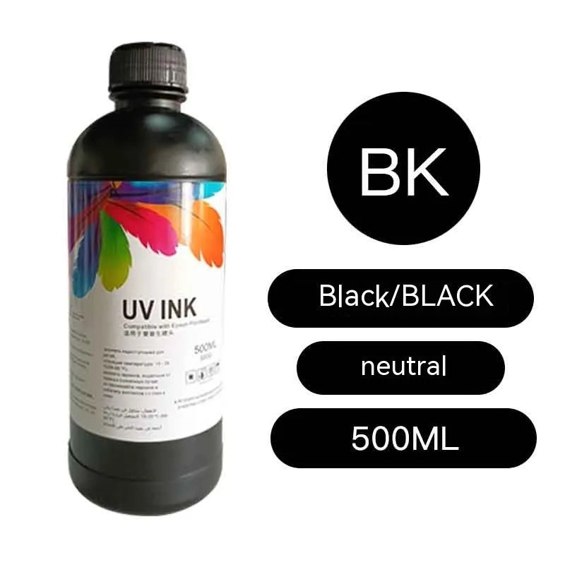 500ml bottle of Epson-compatible UV printer ink for XP600 TX800 fifth and seventh generation nozzles.