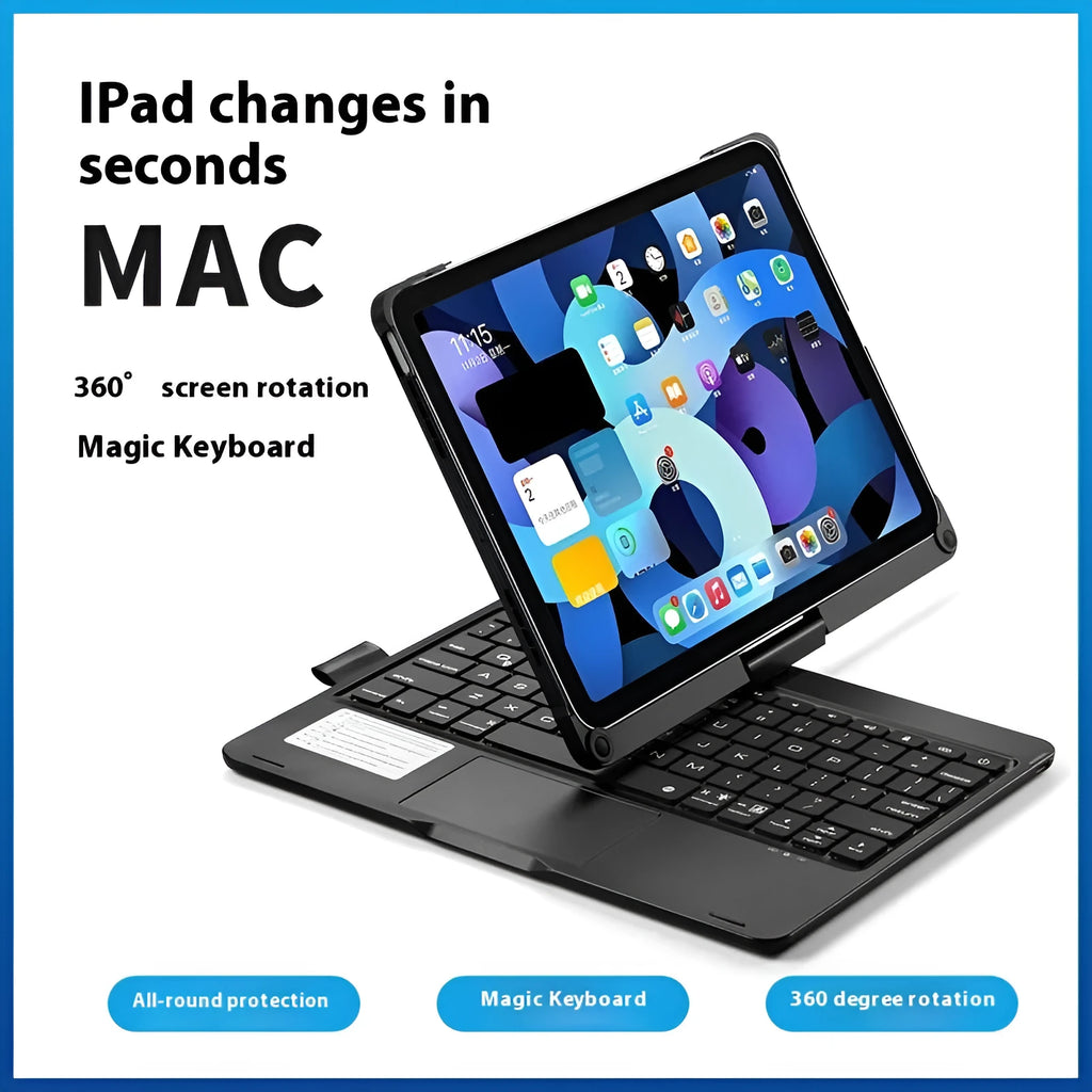 Miaocontrol Bluetooth keyboard with rotating hinge holding an iPad tablet