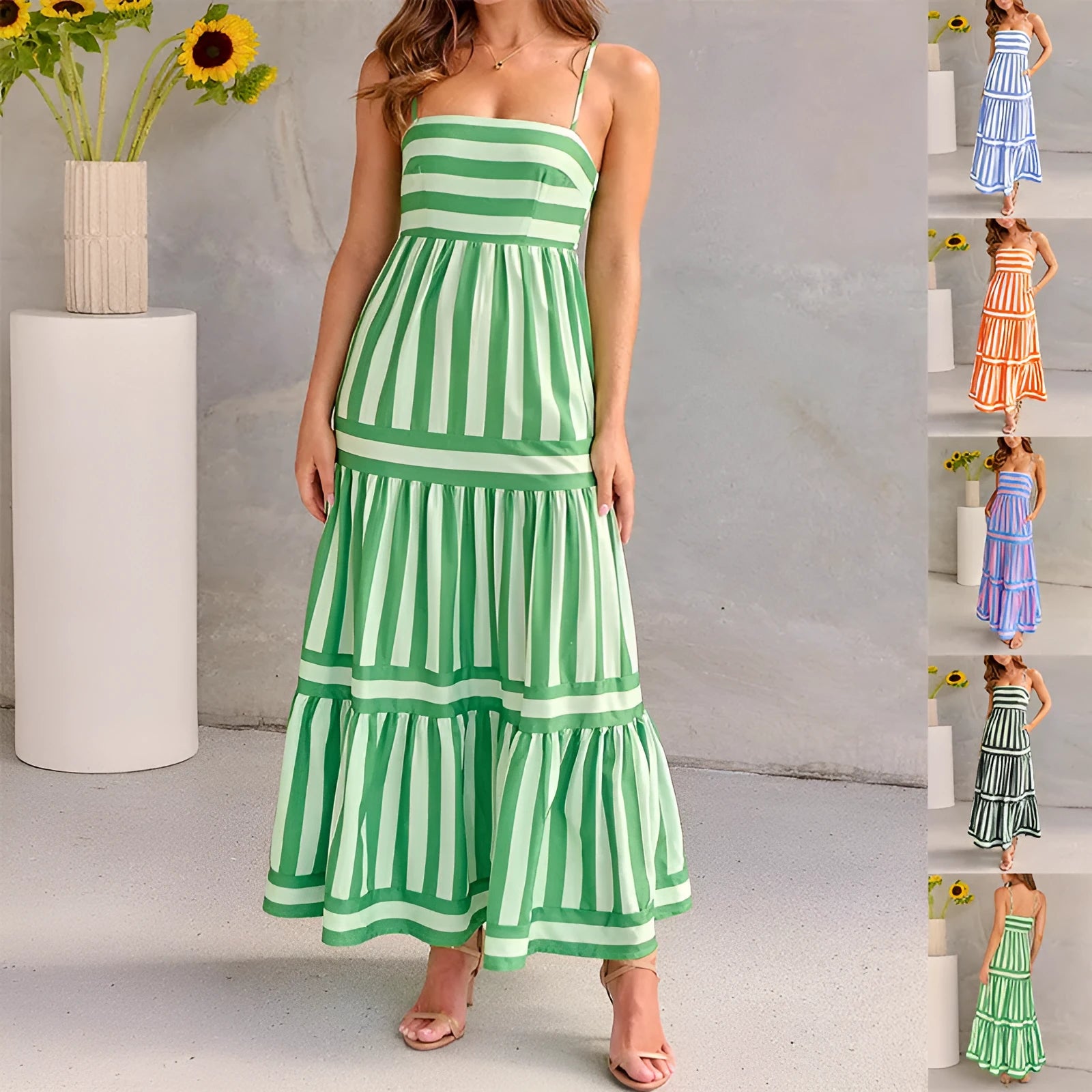 Women's striped summer dress with backless square neck, suspender straps, and side pockets
