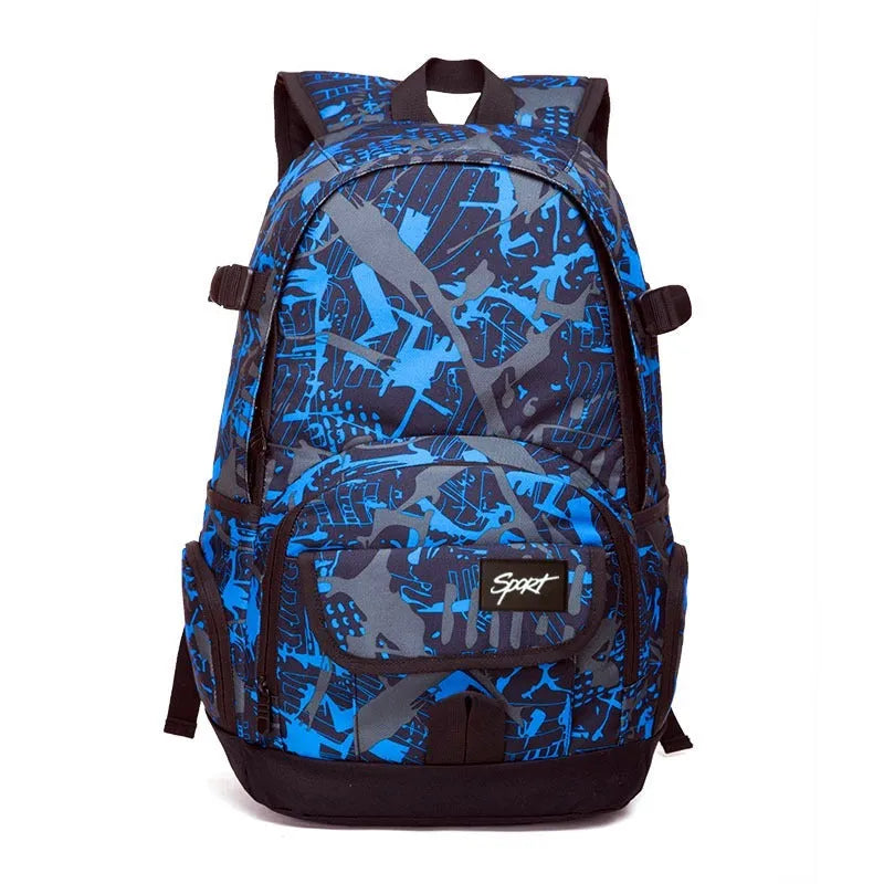 Classic blue and red nylon backpacks showing large capacity design for school and travel.