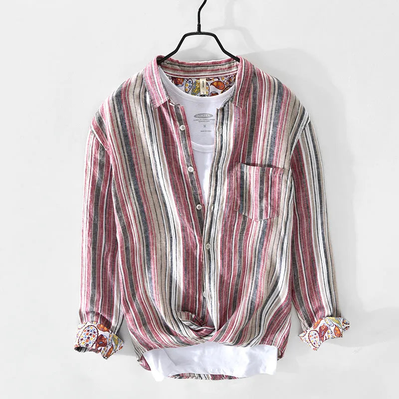 Red and grey striped linen shirt for men with long sleeves and loose fit design