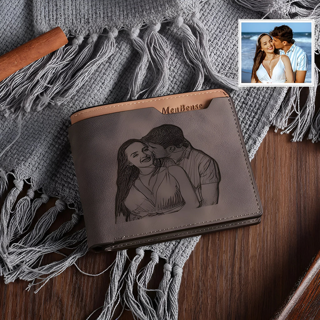 Coffee brown engraved horizontal short wallet with photo engraving showing dimensions of 120mm width
