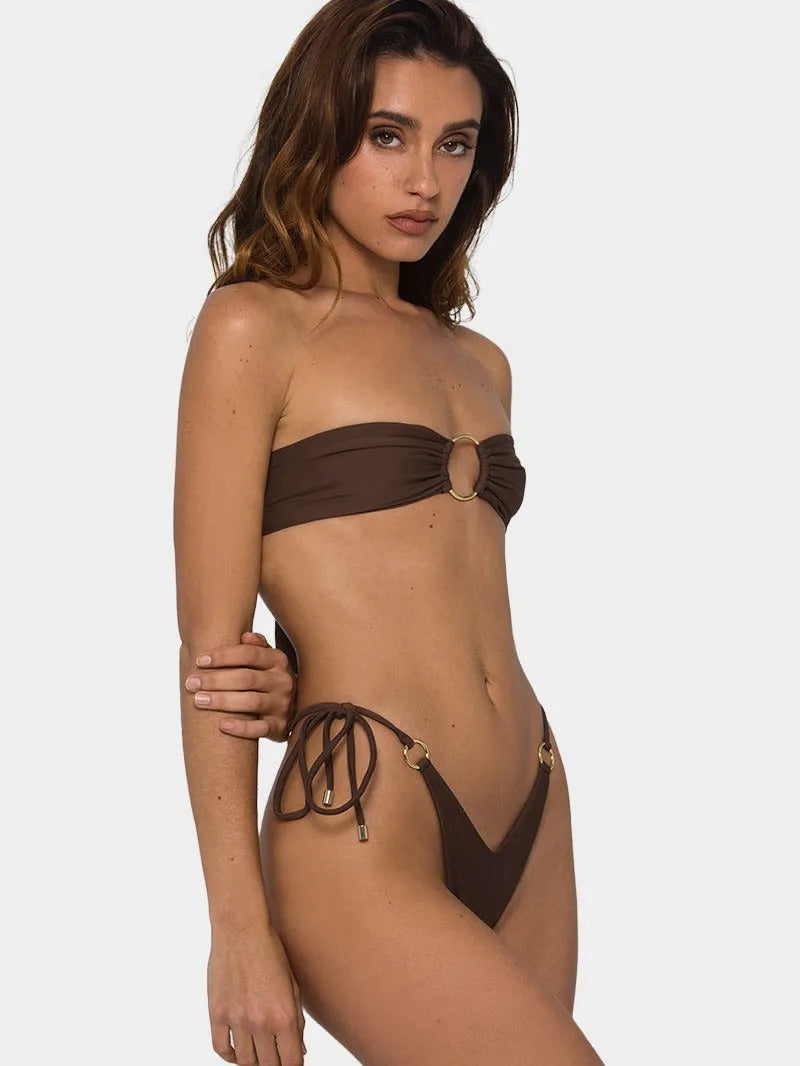 Brown tube-top push up bikini swimsuit with adjustable ring tether for women