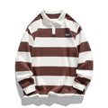 Hong Kong style striped polo shirt with lapel collar in pearl cotton fabric showing loose fit and long sleeves