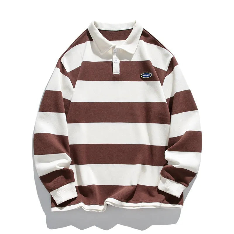 Hong Kong style striped polo shirt with lapel collar in pearl cotton fabric showing loose fit and long sleeves